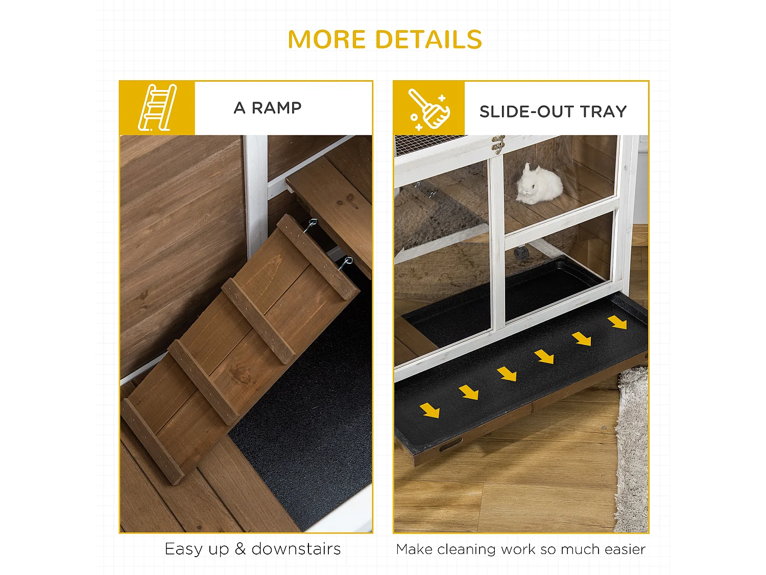 Conigliera a 2 livelli in legno con casetta, rampa e vassoio marrone