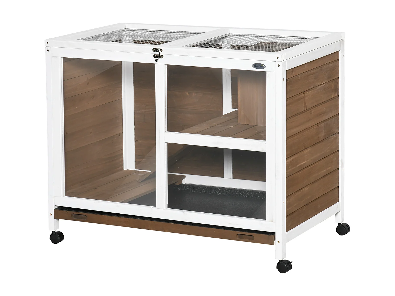 Conigliera a 2 livelli in legno con casetta, rampa e vassoio marrone