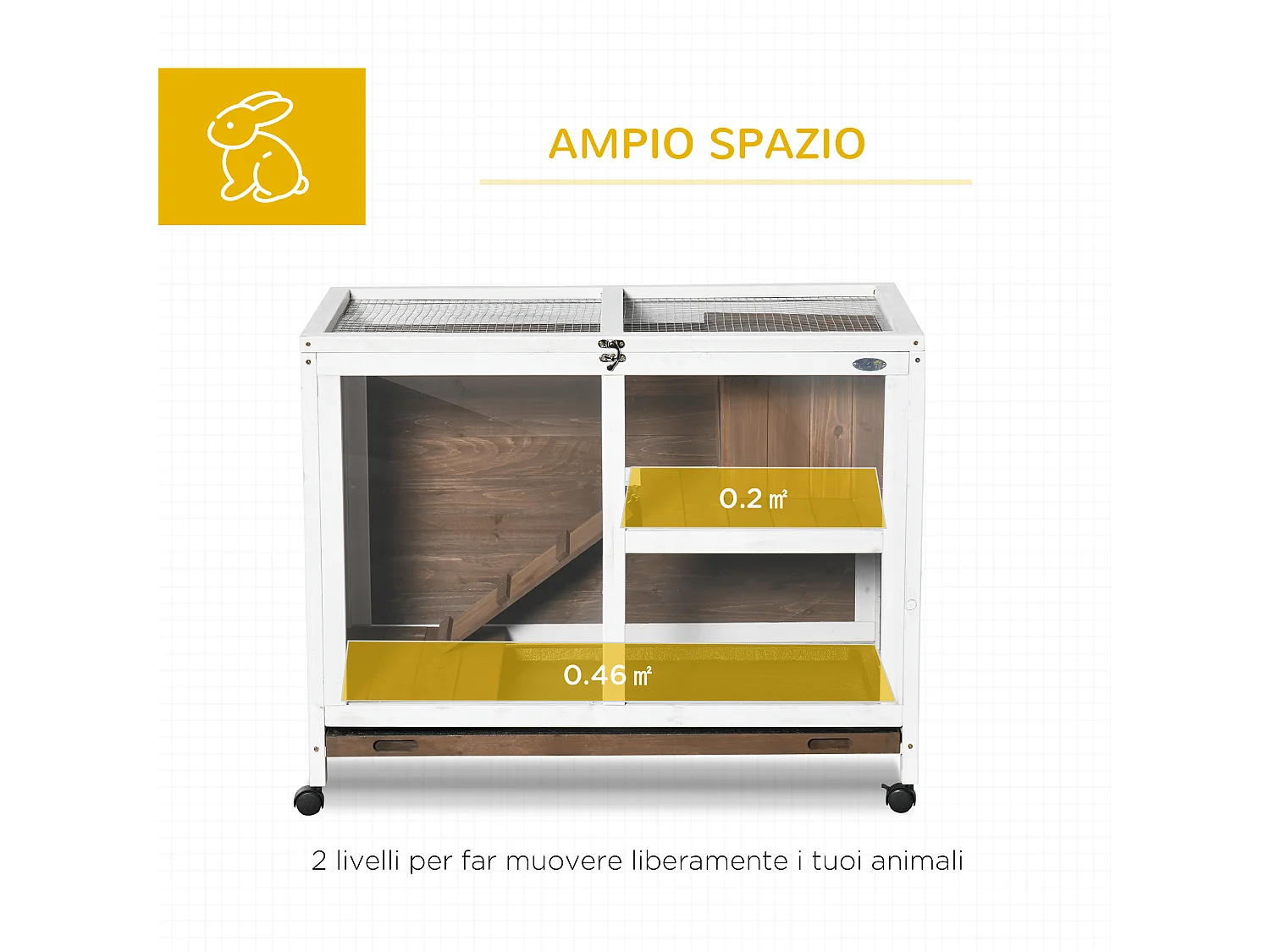 Conigliera a 2 livelli in legno con casetta, rampa e vassoio marrone