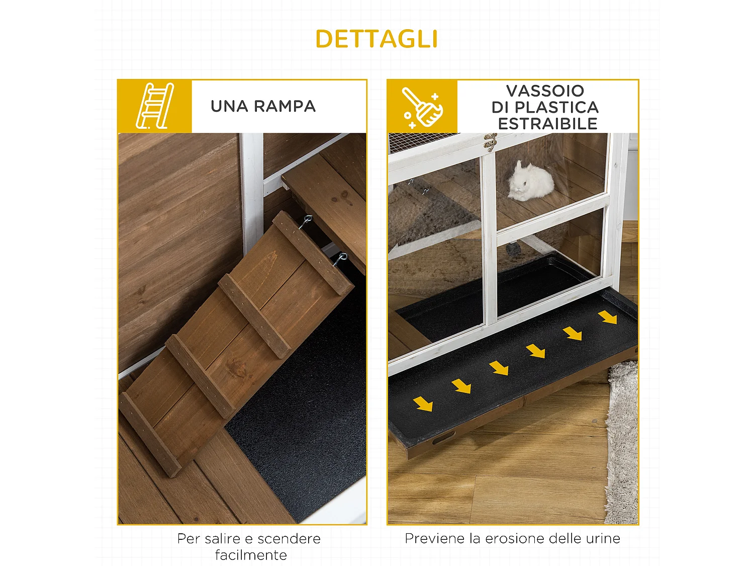 Conigliera a 2 livelli in legno con casetta, rampa e vassoio marrone