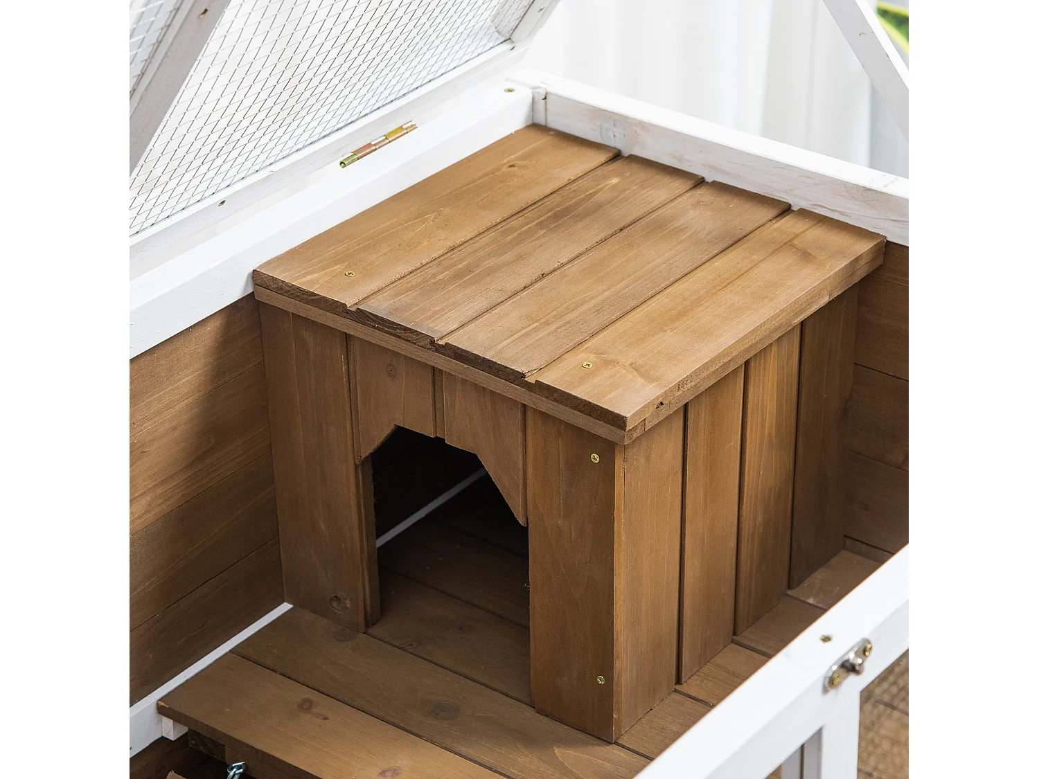 Conigliera a 2 livelli in legno con casetta, rampa e vassoio marrone