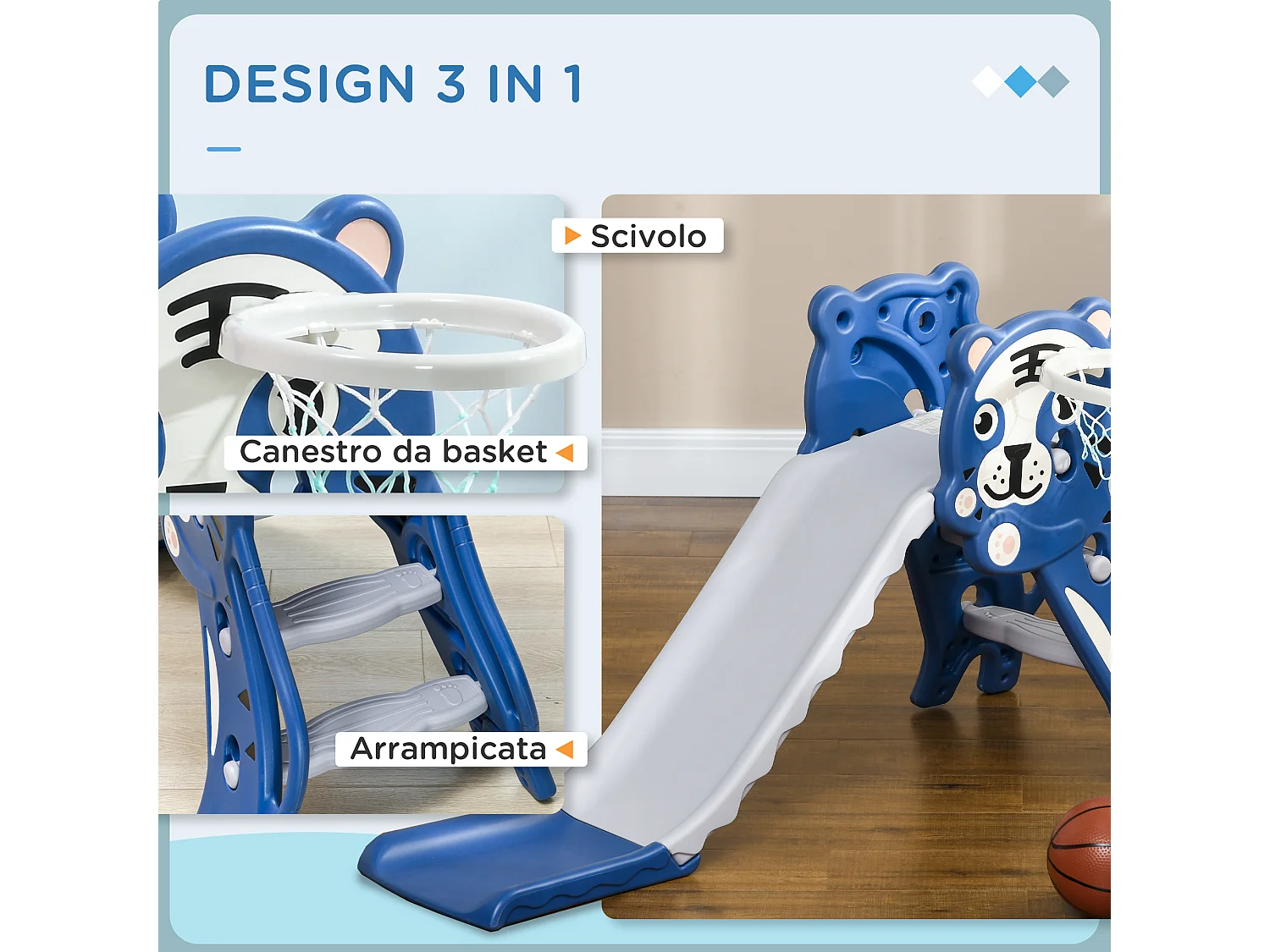 Scivolo per bambini 18-36 mesi con canestro basket in pe