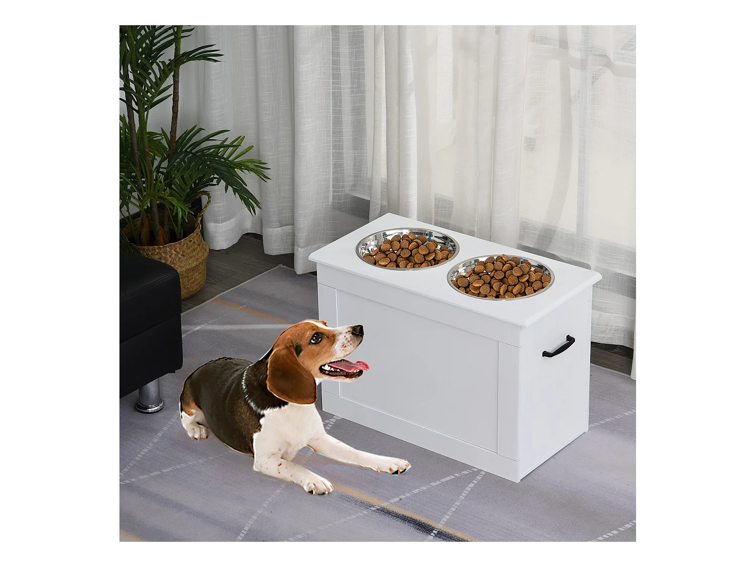 Ciotole rialzate per cani grandi in mdf e acciaio inox 60x30x41cm bianco