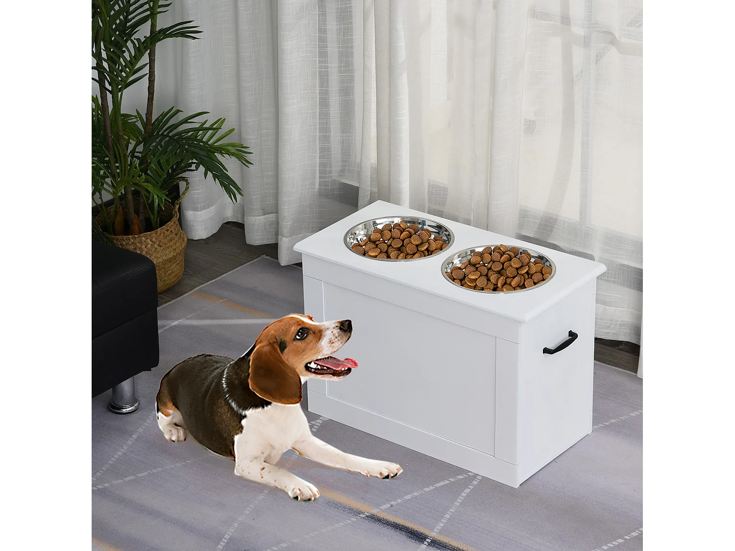 Ciotole rialzate per cani grandi in mdf e acciaio inox 60x30x41cm bianco