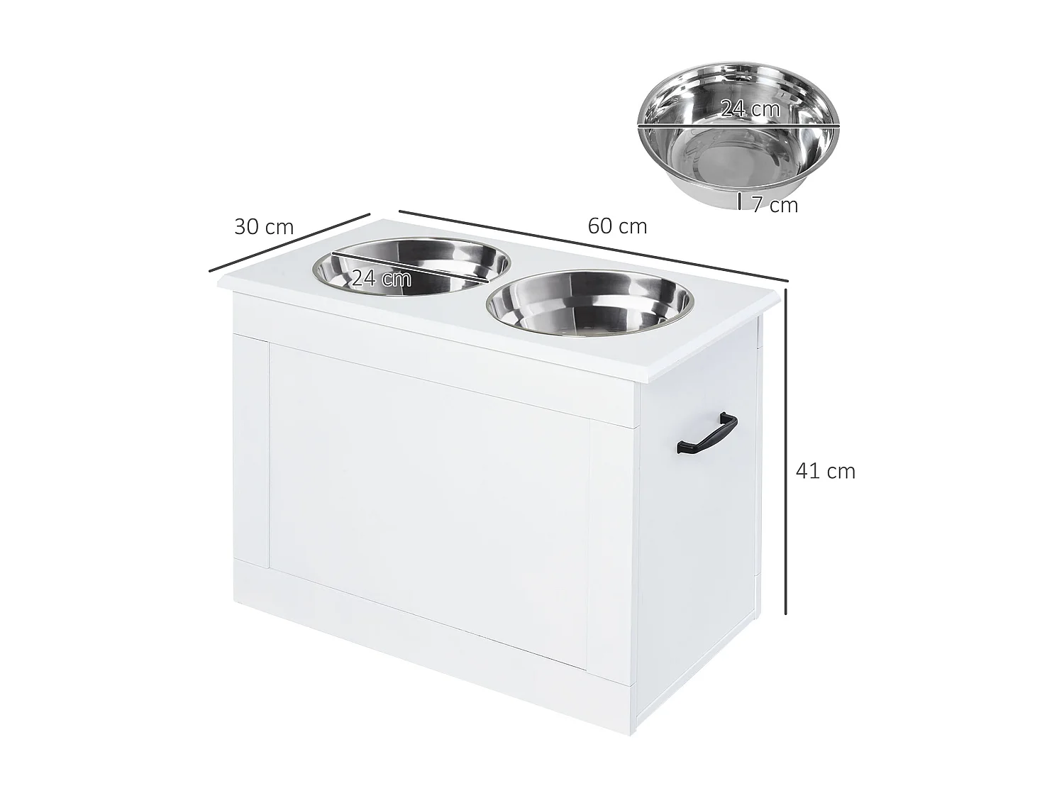 Ciotole rialzate per cani grandi in mdf e acciaio inox 60x30x41cm bianco