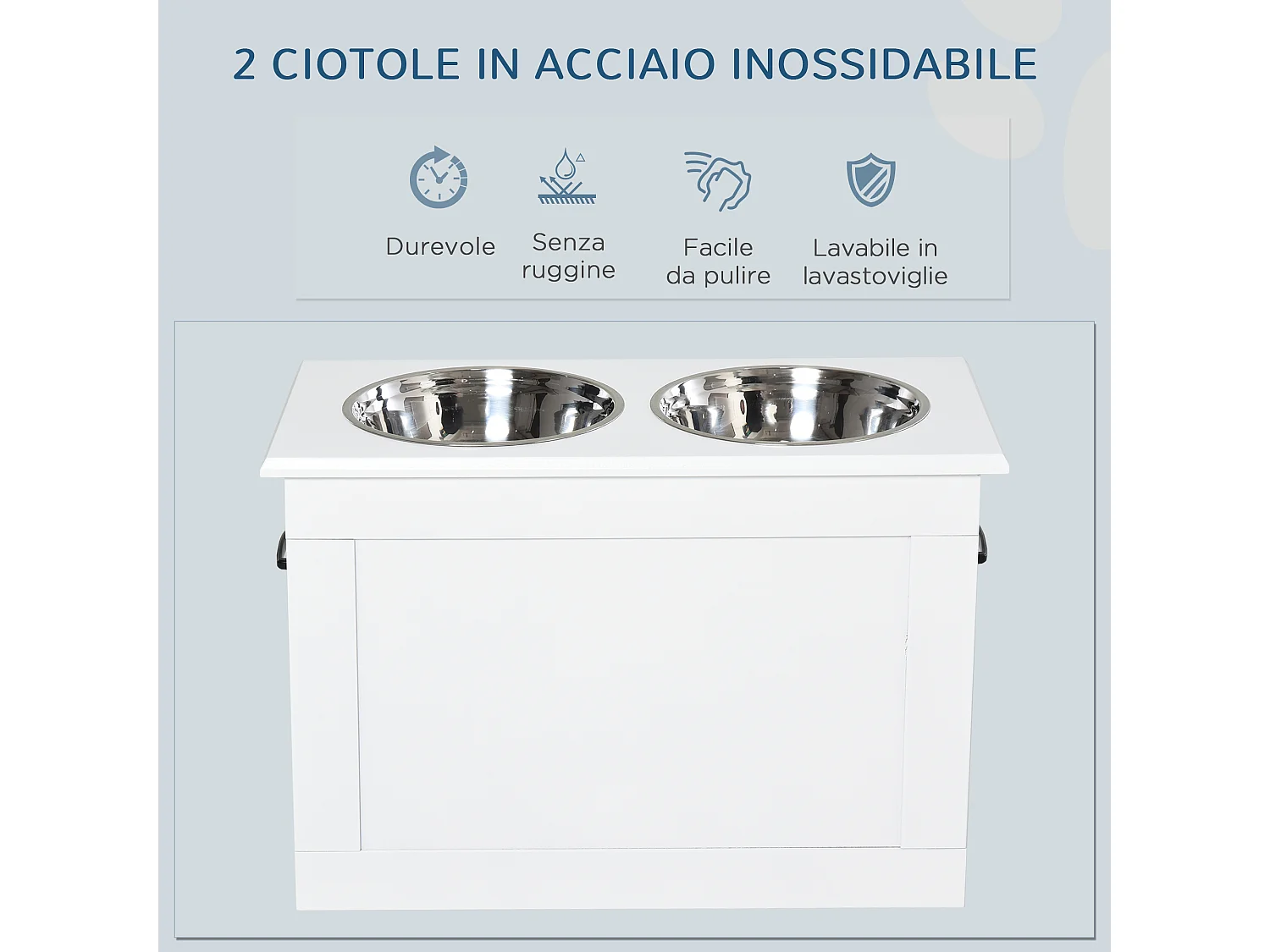 Ciotole rialzate per cani grandi in mdf e acciaio inox 60x30x41cm bianco
