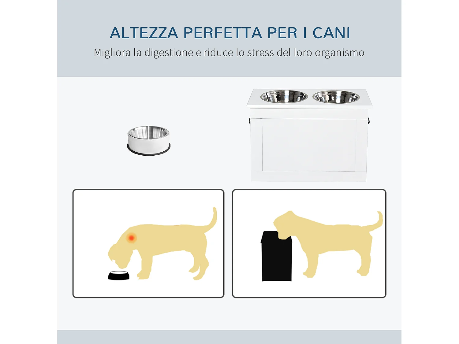 Ciotole rialzate per cani grandi in mdf e acciaio inox 60x30x41cm bianco