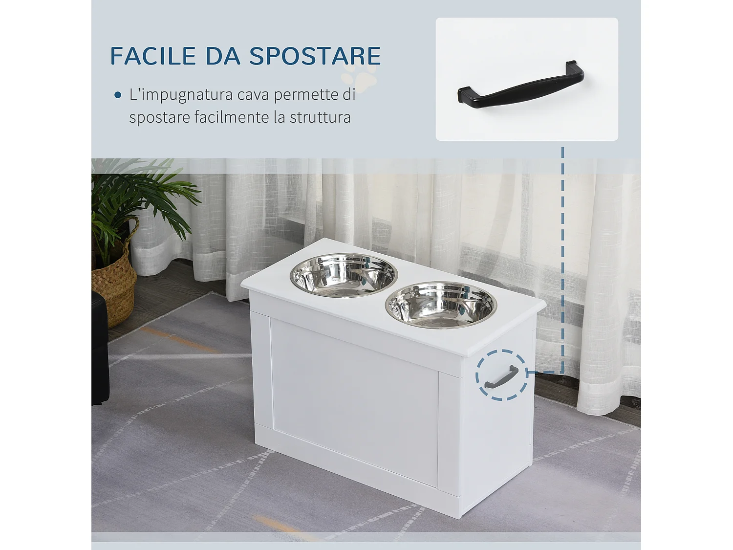 Ciotole rialzate per cani grandi in mdf e acciaio inox 60x30x41cm bianco