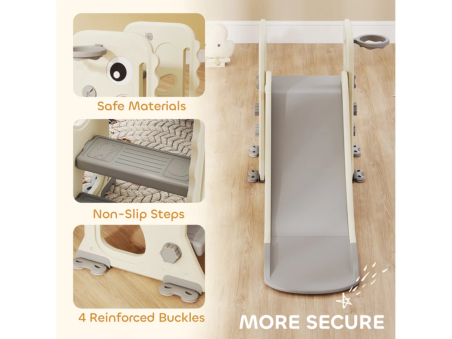 Scivolo per bambini con canestro e palla da basket grigio e crema