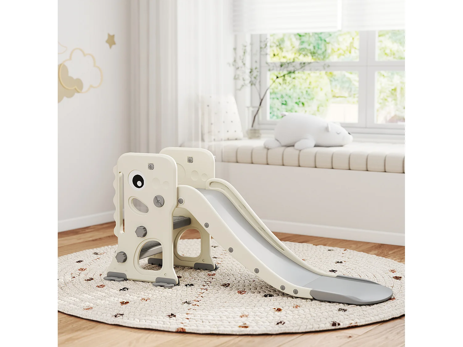 Scivolo per bambini con canestro e palla da basket grigio e crema