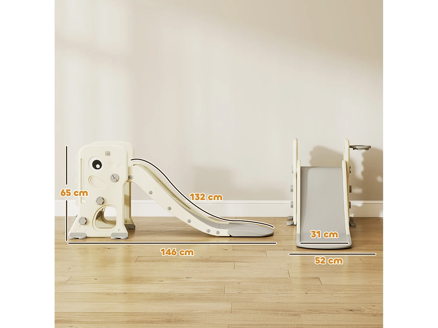 Scivolo per bambini con canestro e palla da basket grigio e crema