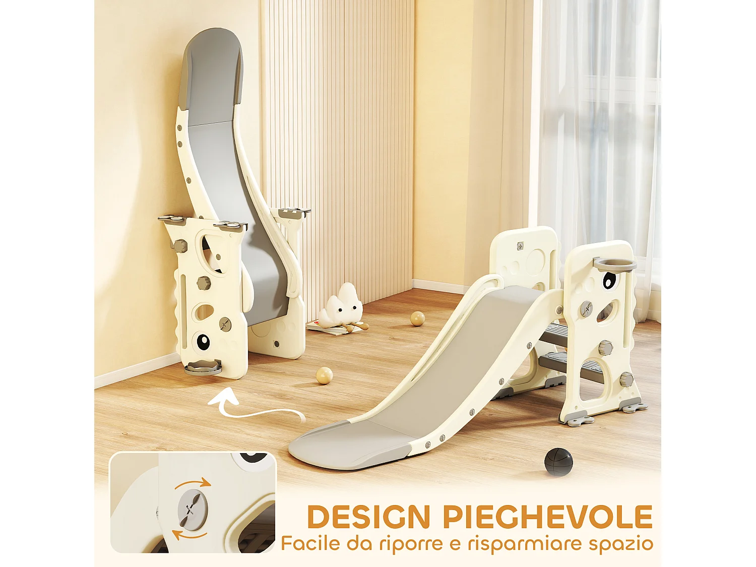 Scivolo per bambini con canestro e palla da basket grigio e crema