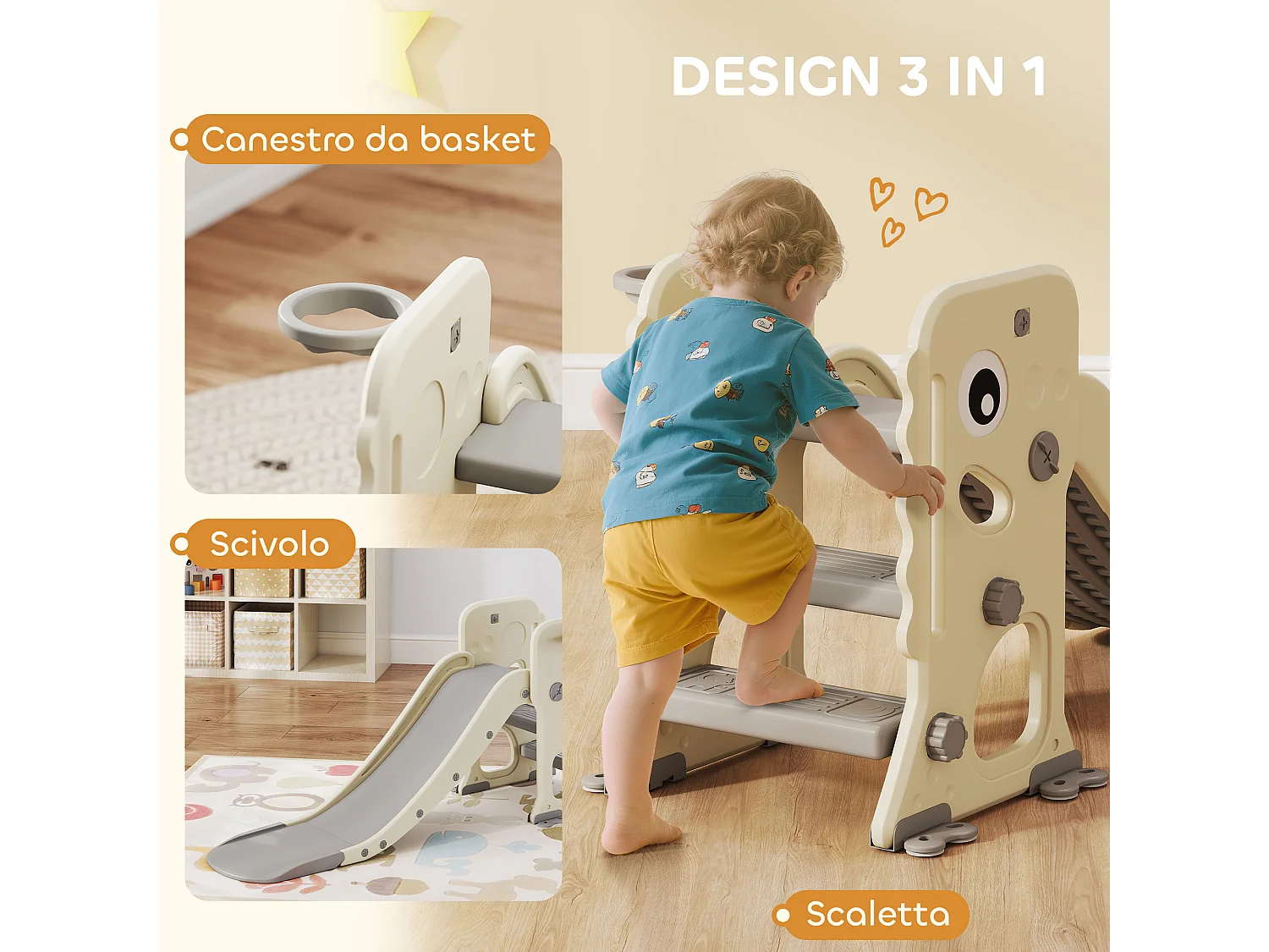 Scivolo per bambini con canestro e palla da basket grigio e crema