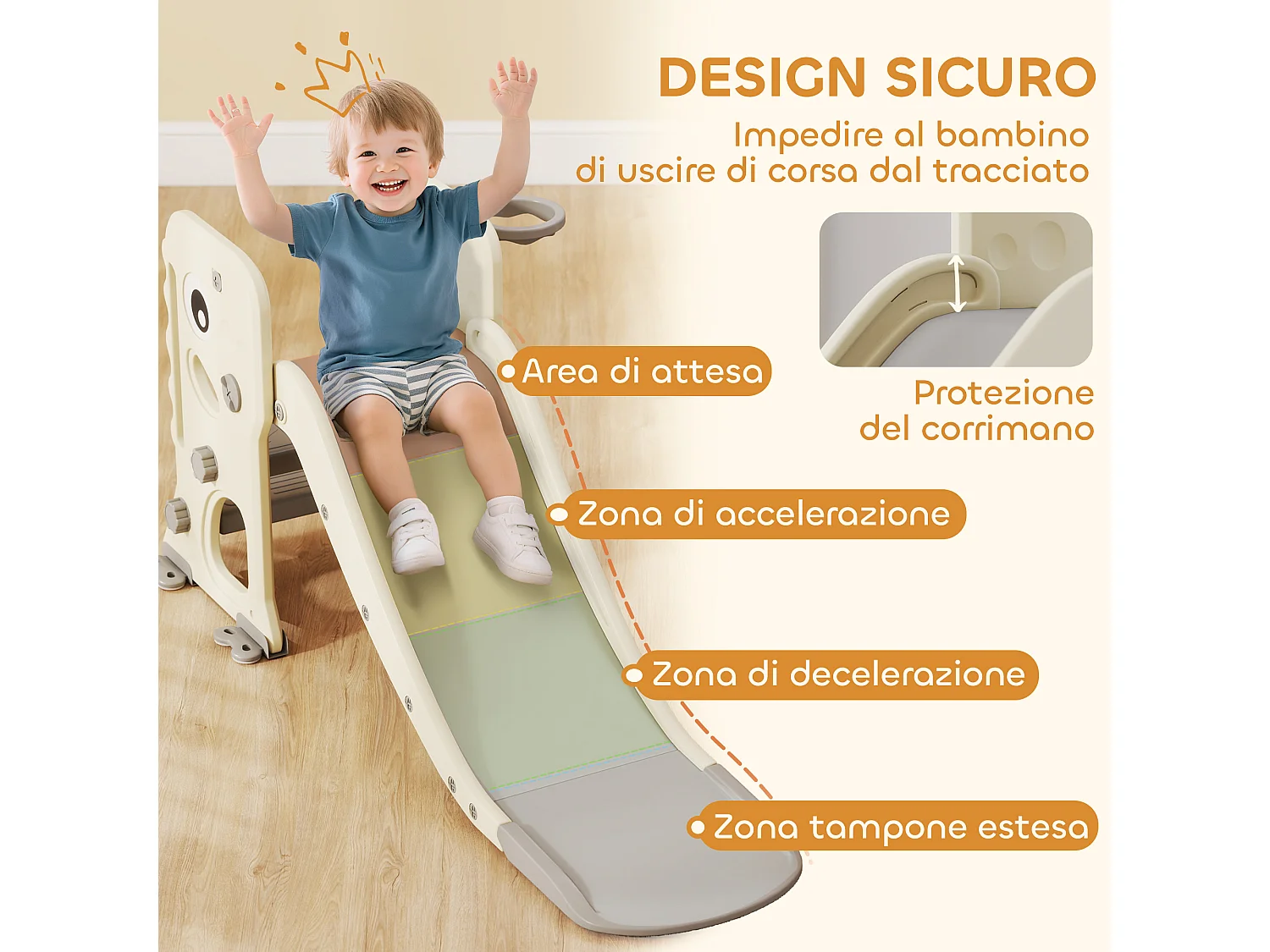 Scivolo per bambini con canestro e palla da basket grigio e crema