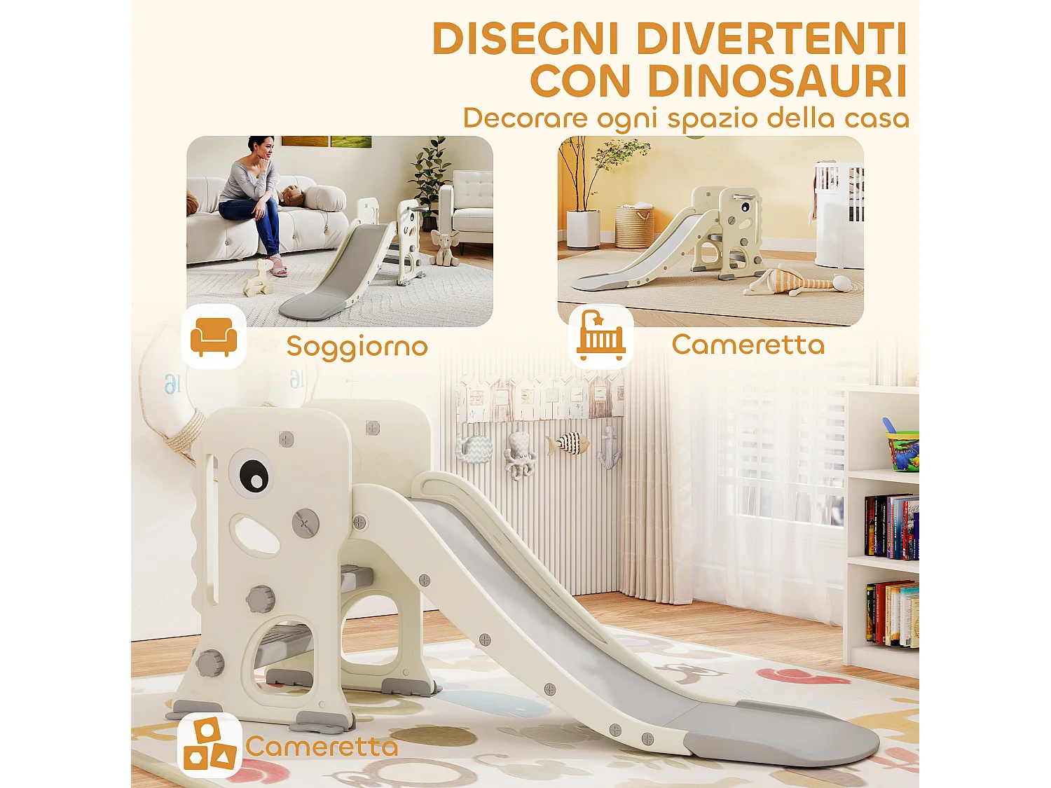 Scivolo per bambini con canestro e palla da basket grigio e crema