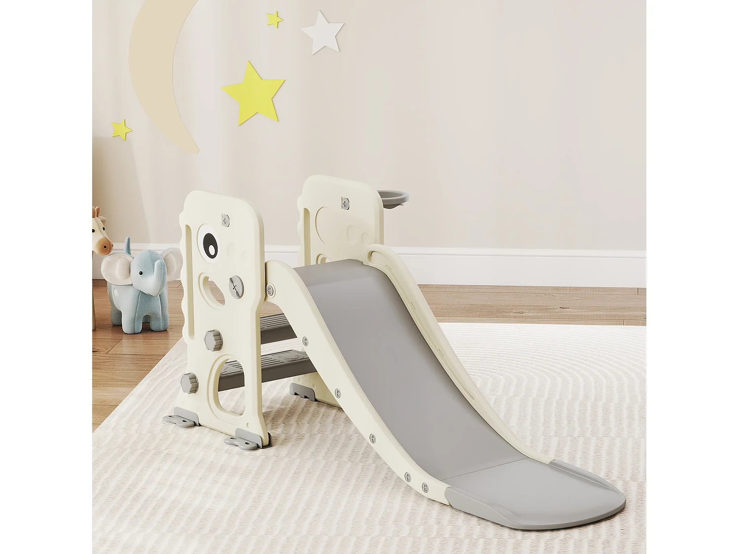 Scivolo per bambini con canestro e palla da basket grigio e crema