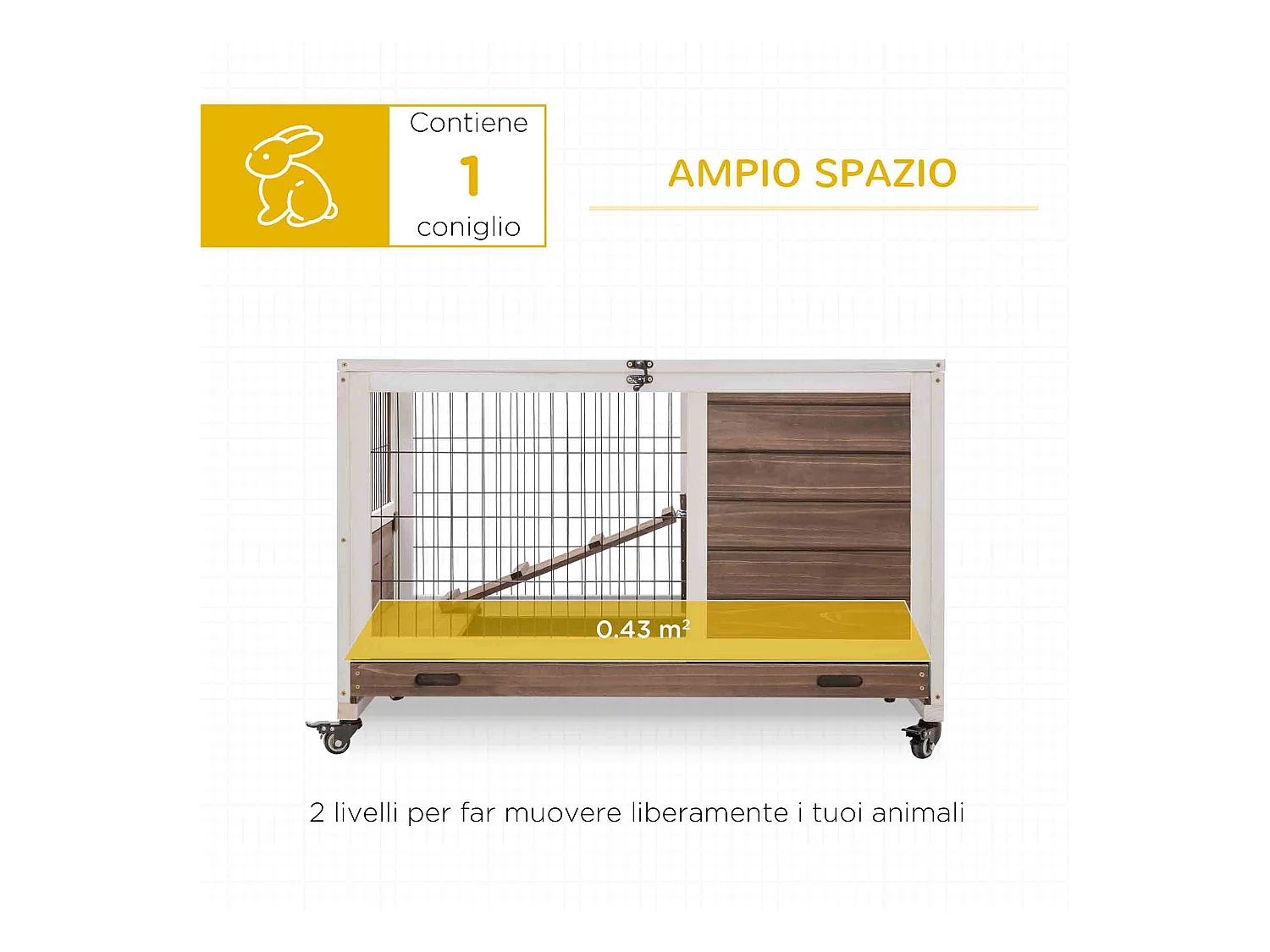 Gabbia per conigli e porcellini d'india, 4 ruote, casetta e rampa marrone