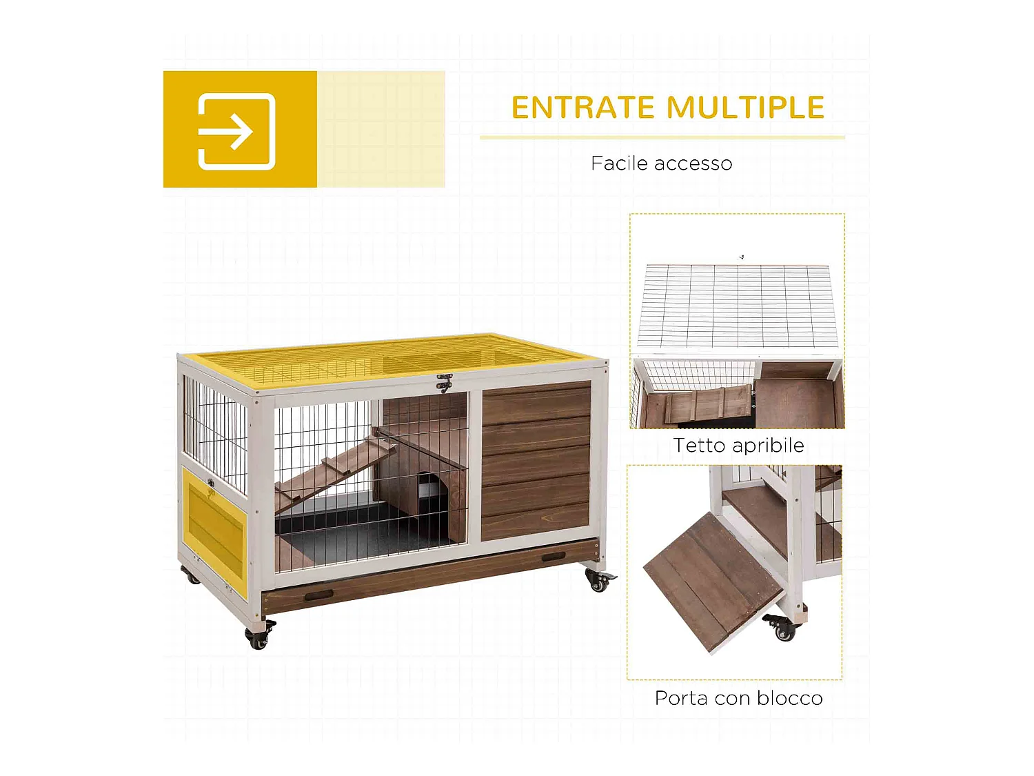 Gabbia per conigli e porcellini d'india, 4 ruote, casetta e rampa marrone