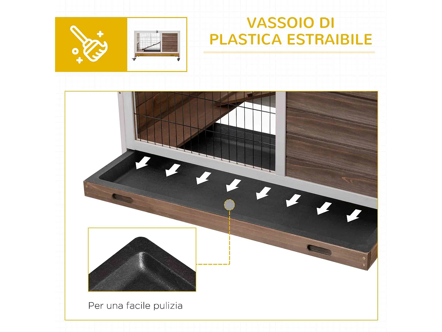 Gabbia per conigli e porcellini d'india, 4 ruote, casetta e rampa marrone