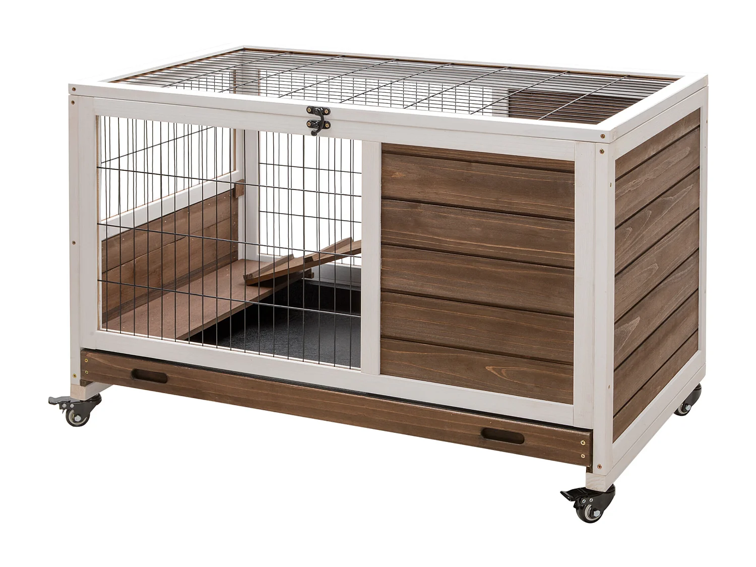 Gabbia per conigli e porcellini d'india, 4 ruote, casetta e rampa marrone