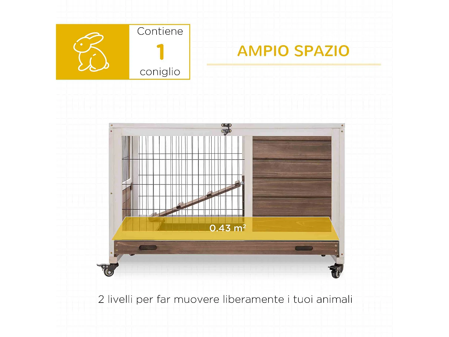 Gabbia per conigli e porcellini d'india, 4 ruote, casetta e rampa marrone
