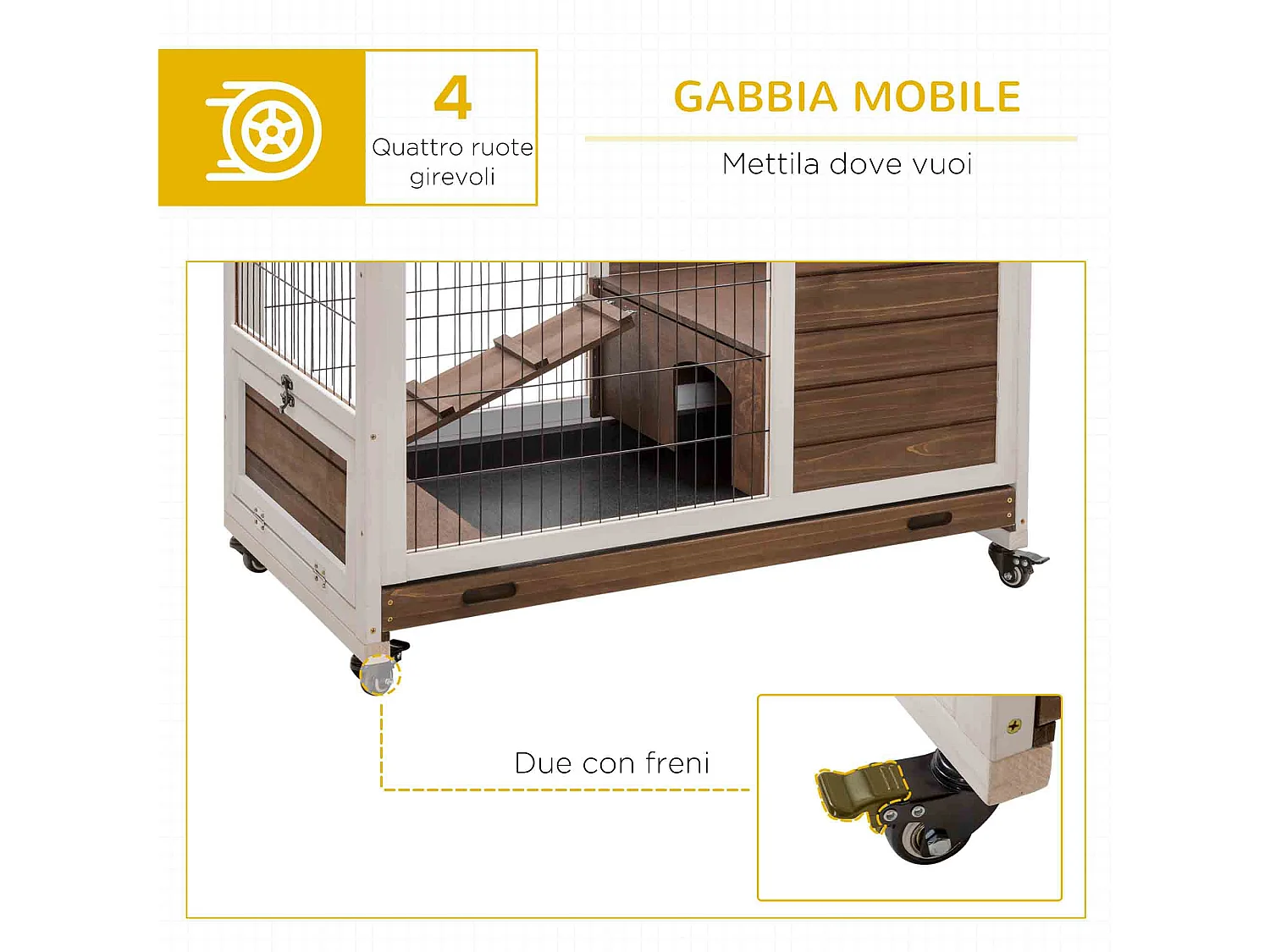 Gabbia per conigli e porcellini d'india, 4 ruote, casetta e rampa marrone