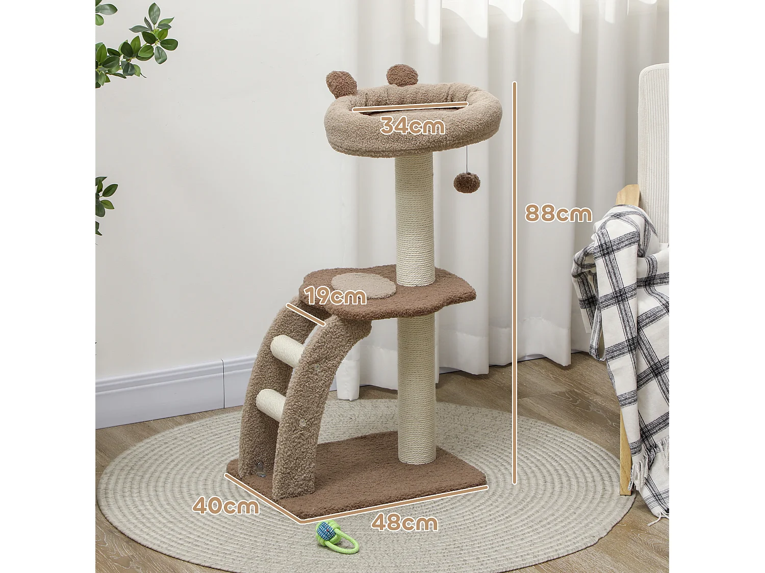 Albero per gatti a 3 livelli con trespolo e pallina bianco marrone