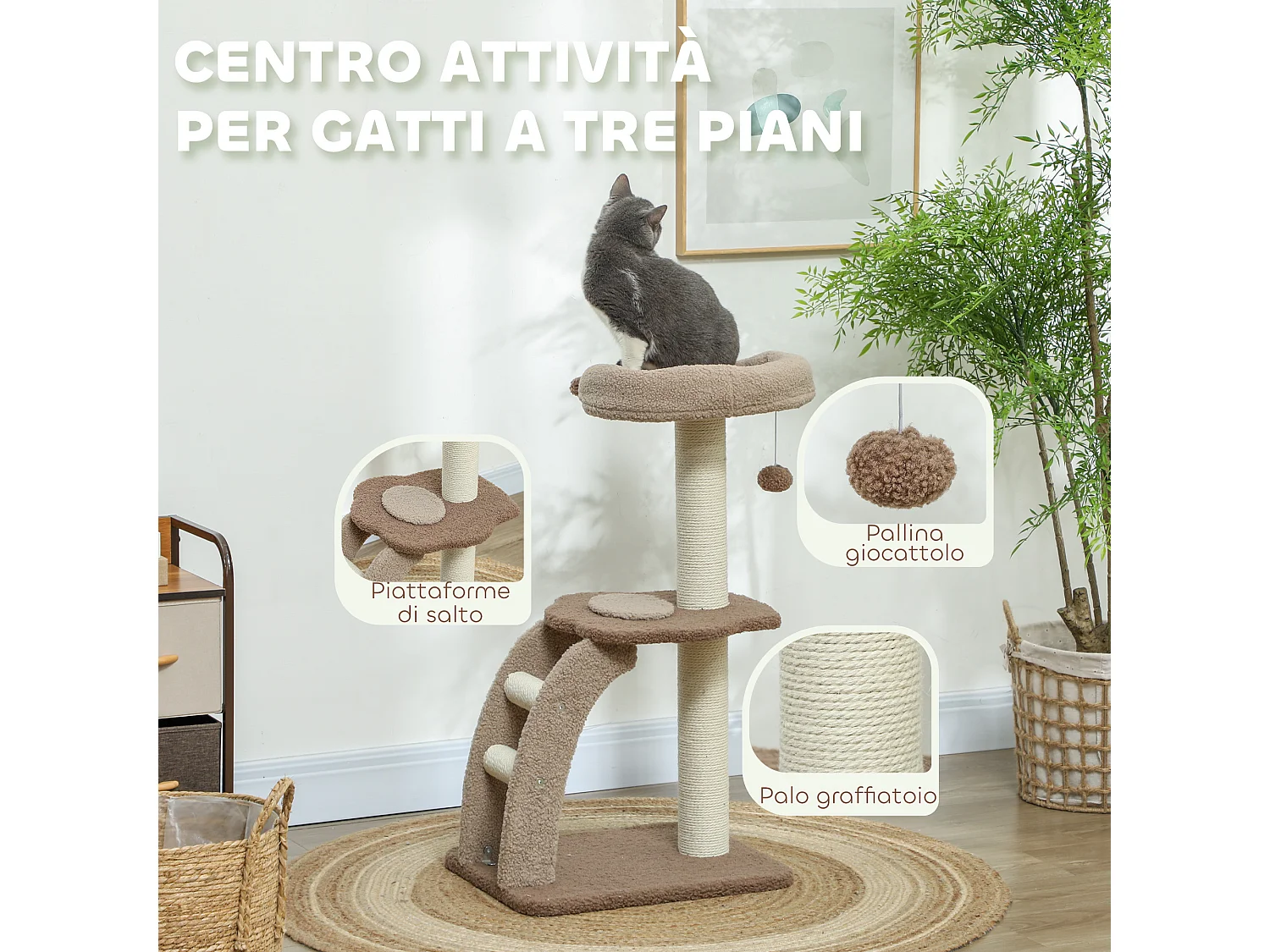 Albero per gatti a 3 livelli con trespolo e pallina bianco marrone