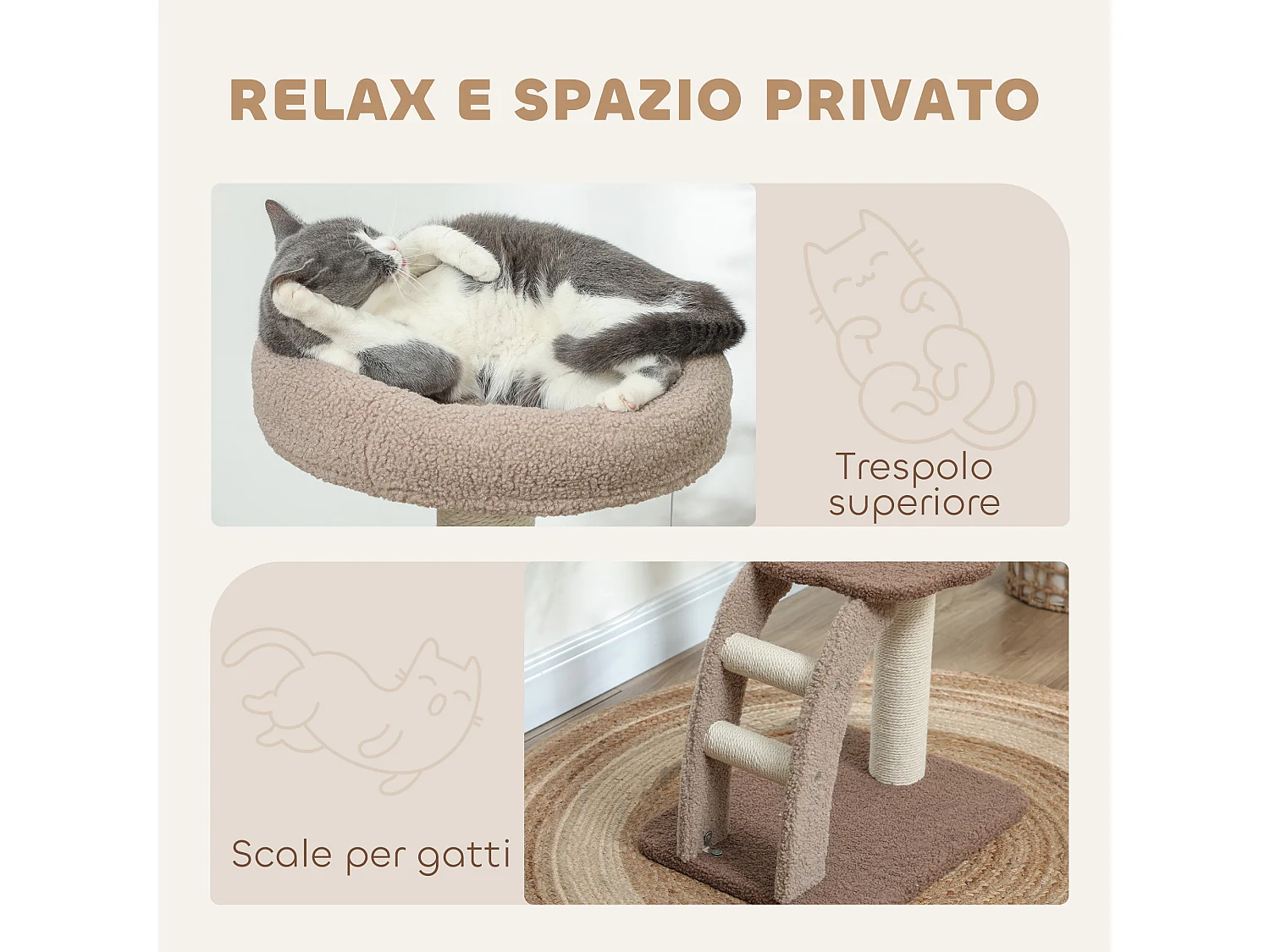 Albero per gatti a 3 livelli con trespolo e pallina bianco marrone