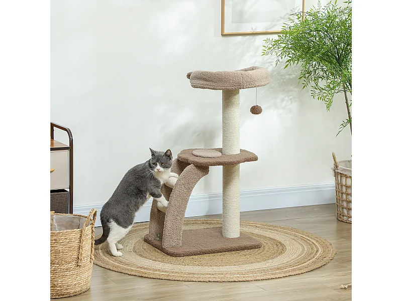 Albero per gatti a 3 livelli con trespolo e pallina bianco marrone