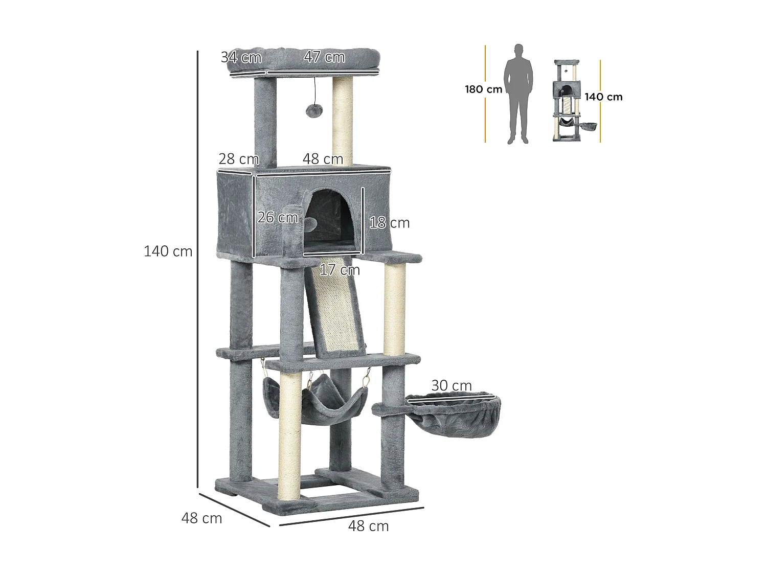Albero tiragraffi per gatti con pali in sisal, casetta, lettino e amache