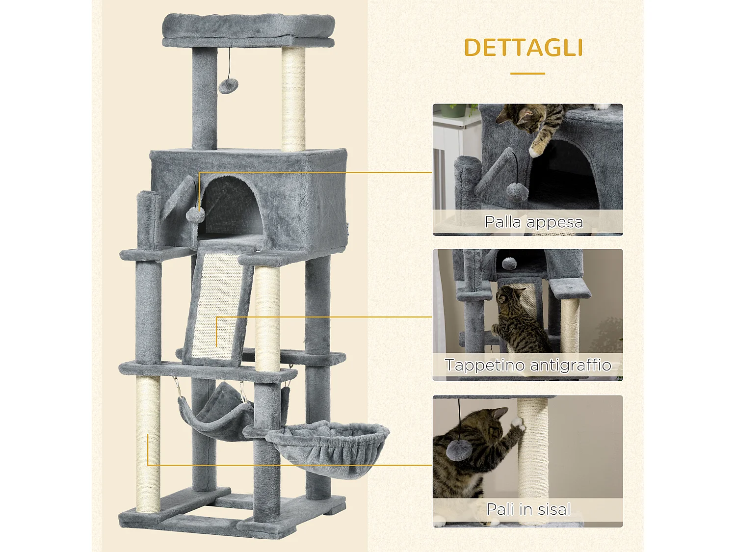 Albero tiragraffi per gatti con pali in sisal, casetta, lettino e amache