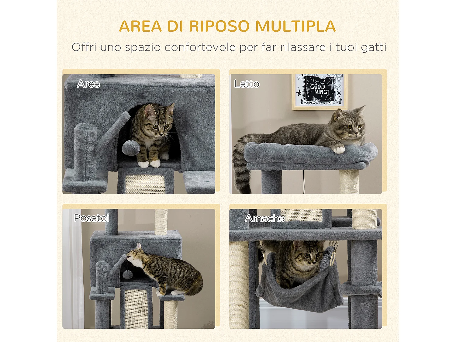 Albero tiragraffi per gatti con pali in sisal, casetta, lettino e amache