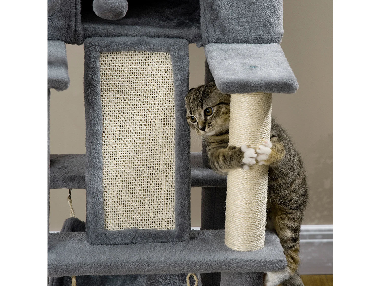 Albero tiragraffi per gatti con pali in sisal, casetta, lettino e amache