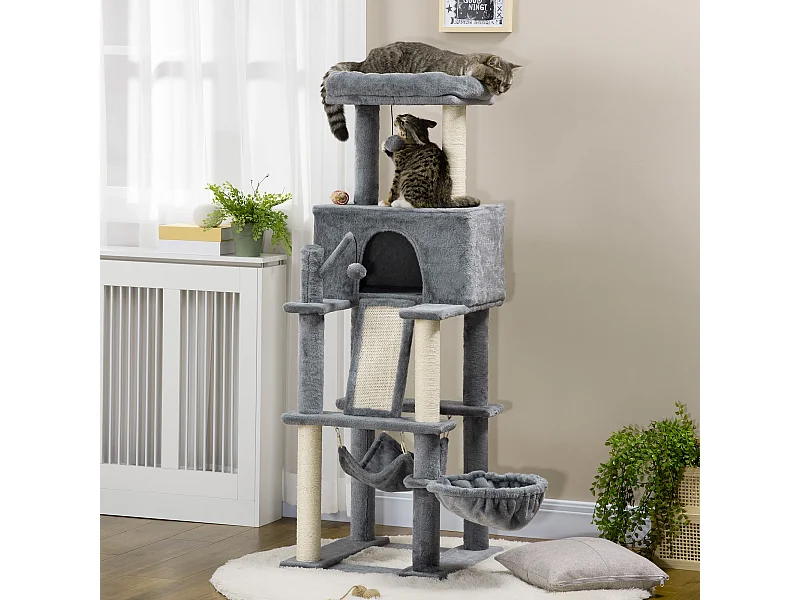 Albero tiragraffi per gatti con pali in sisal, casetta, lettino e amache