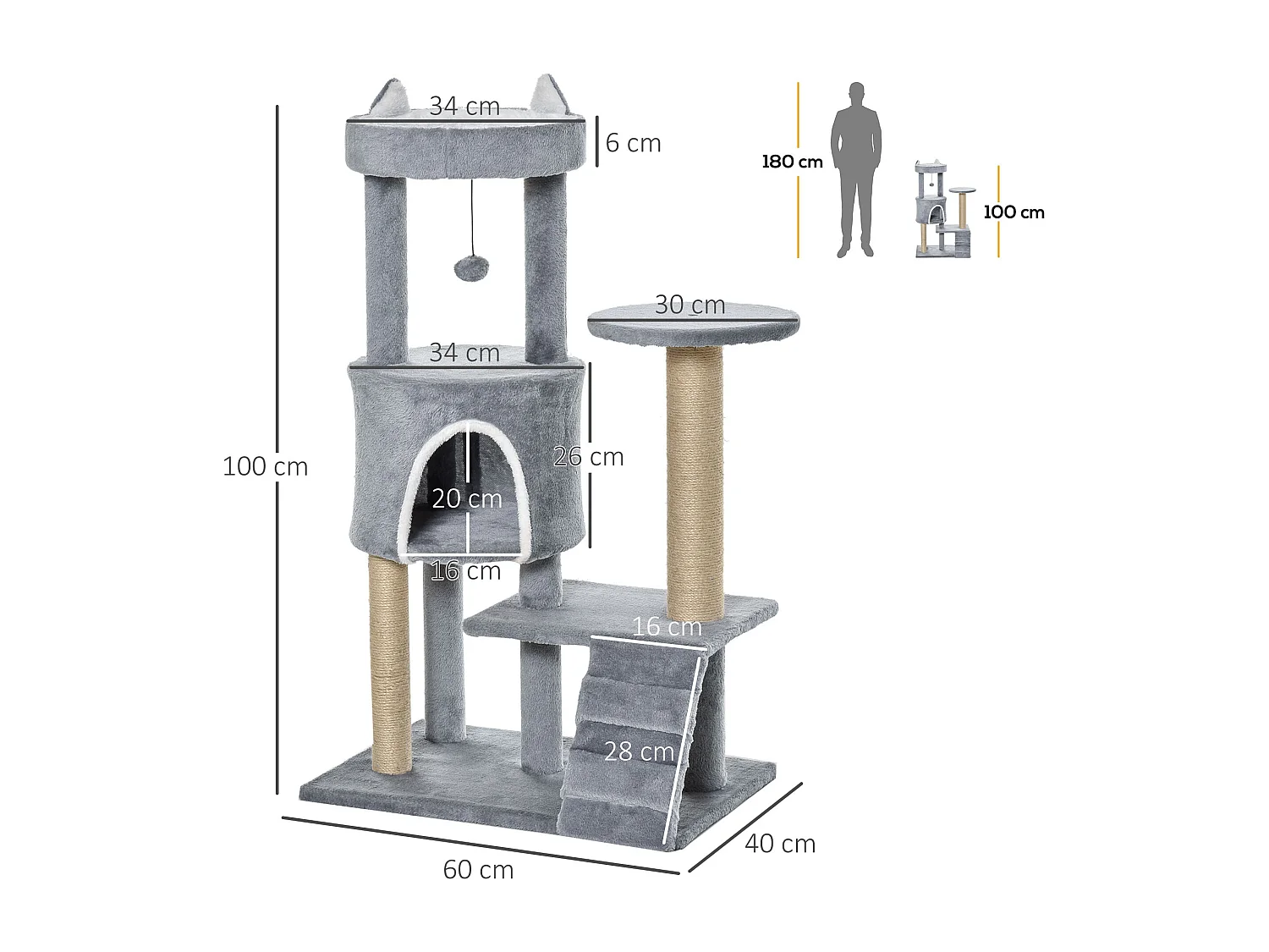 Albero tiragraffi per gatti con trespolo, casetta, rampa e pallina grigio