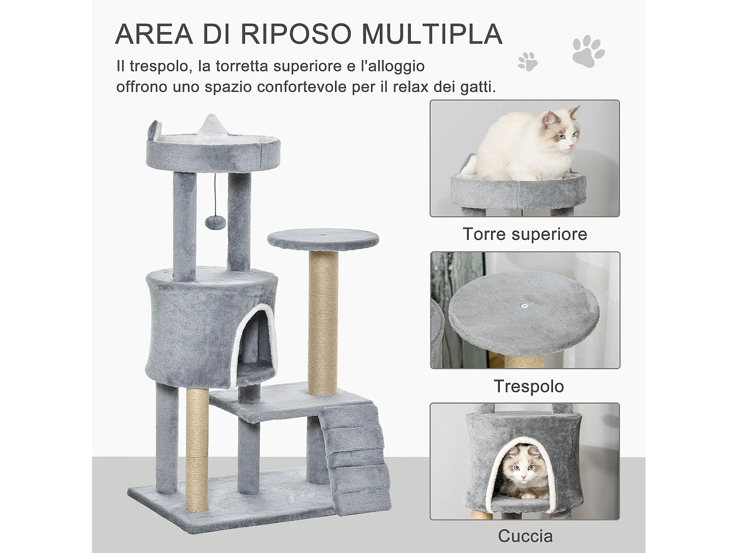 Albero tiragraffi per gatti con trespolo, casetta, rampa e pallina grigio