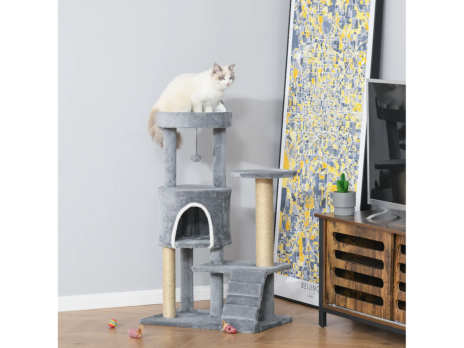 Albero tiragraffi per gatti con trespolo, casetta, rampa e pallina grigio