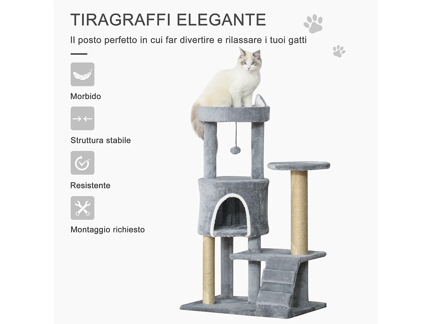 Albero tiragraffi per gatti con trespolo, casetta, rampa e pallina grigio