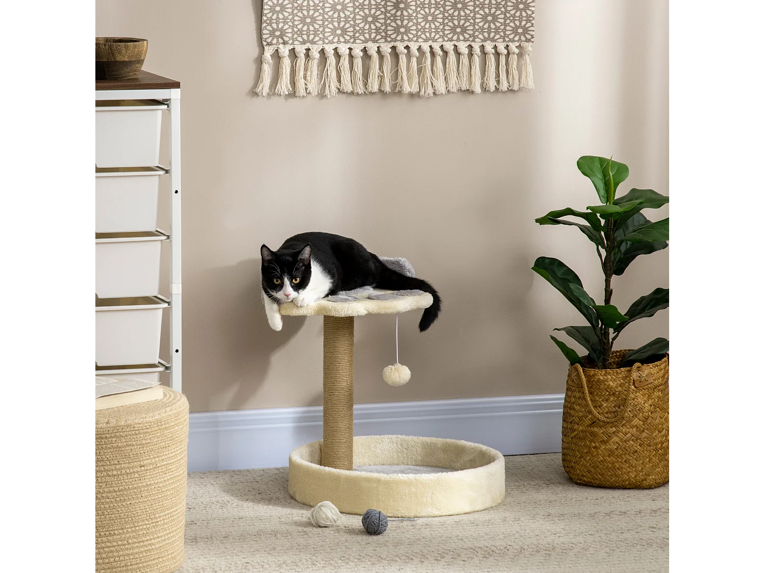 Tiragraffi per gatti con lettini e corda juta 41x41x44cm grigio e beige