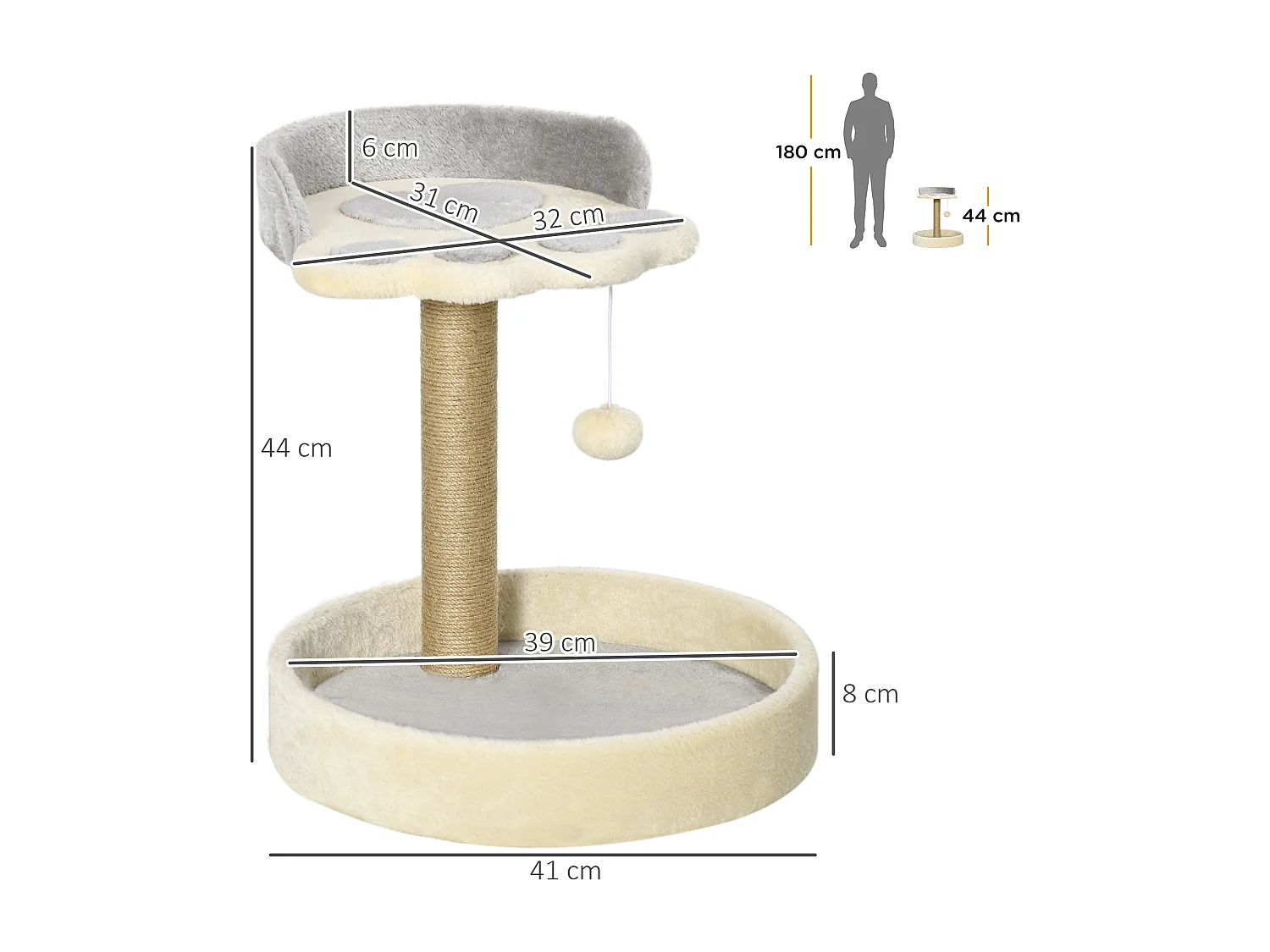 Tiragraffi per gatti con lettini e corda juta 41x41x44cm grigio e beige