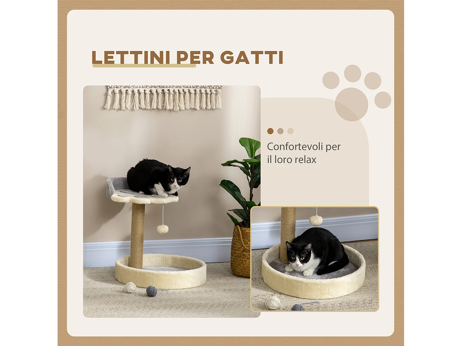 Tiragraffi per gatti con lettini e corda juta 41x41x44cm grigio e beige