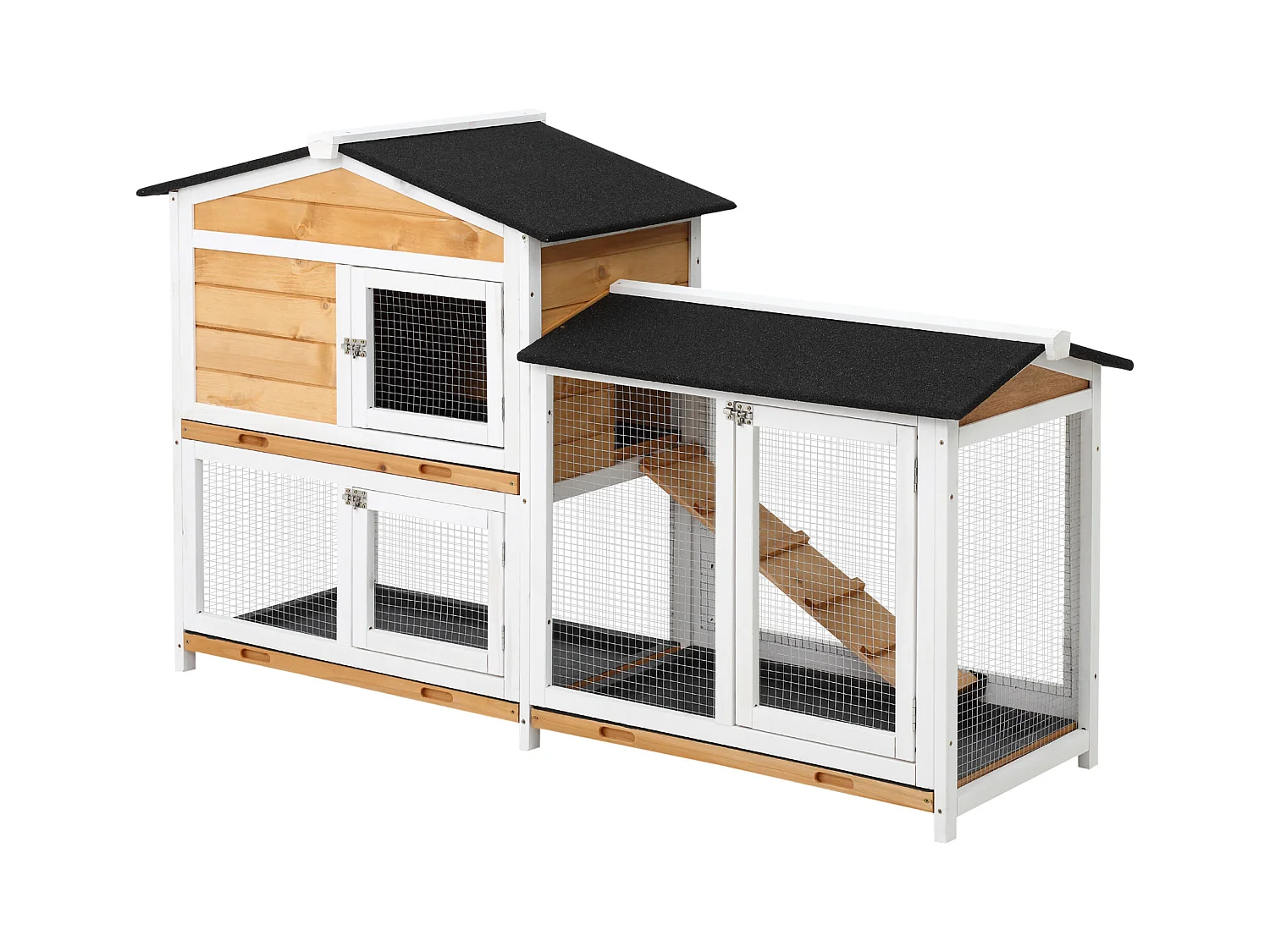 Gabbia per conigli da esterno con casetta, rampa e spazio aperto giallo