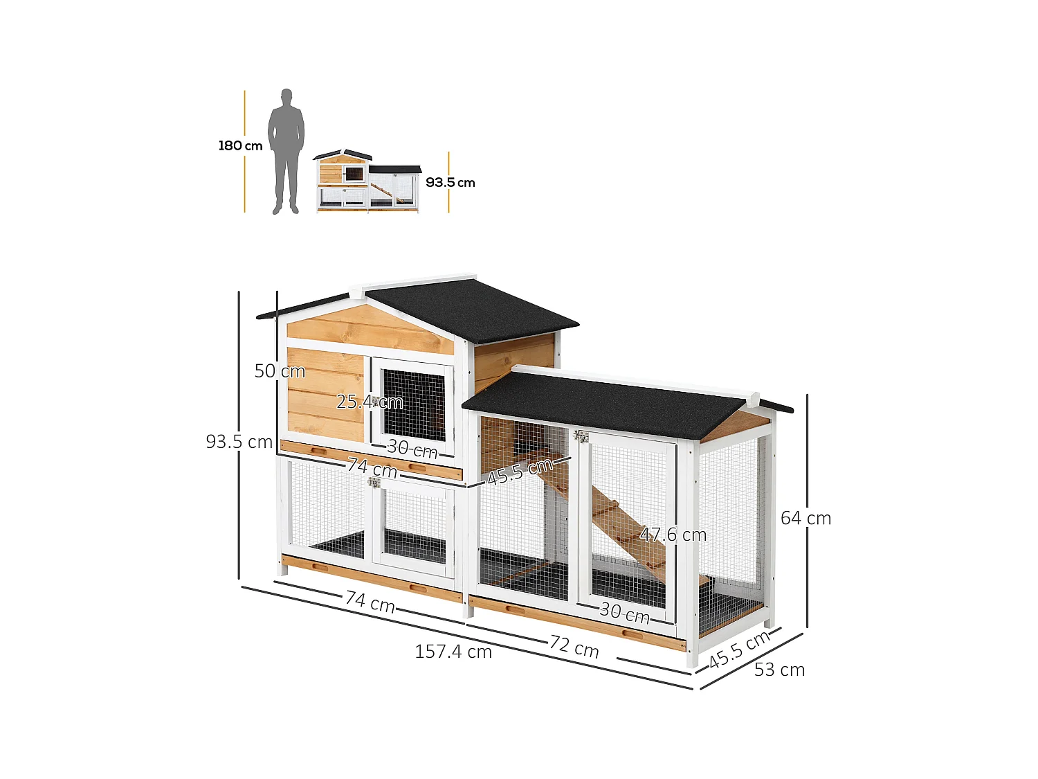 Gabbia per conigli da esterno con casetta, rampa e spazio aperto giallo