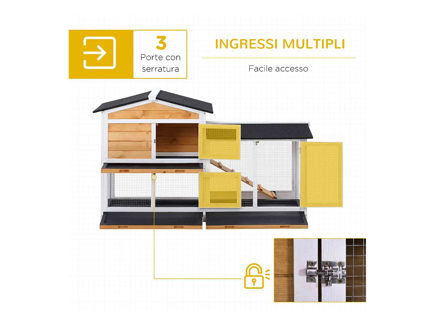 Gabbia per conigli da esterno con casetta, rampa e spazio aperto giallo