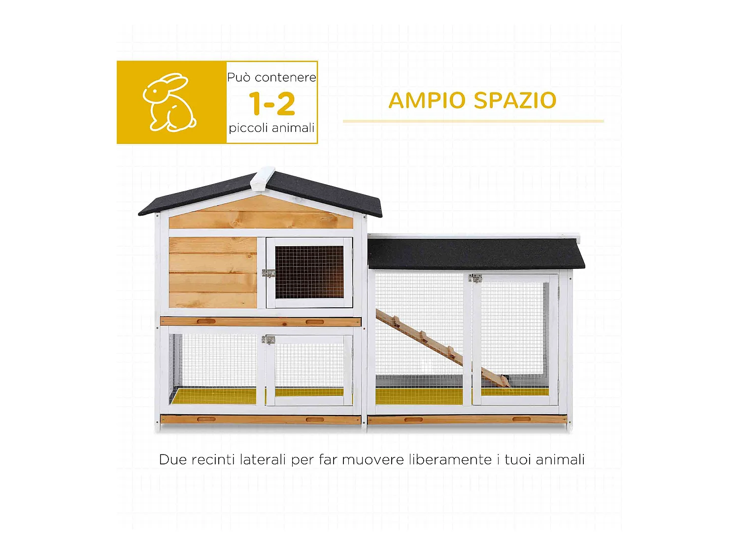 Gabbia per conigli da esterno con casetta, rampa e spazio aperto giallo