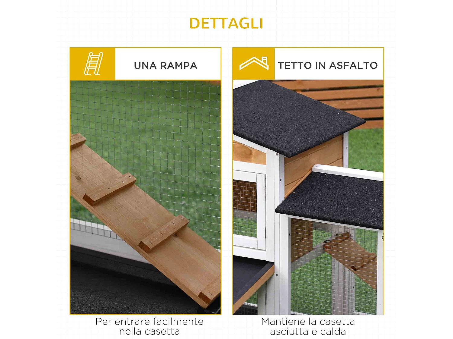 Gabbia per conigli da esterno con casetta, rampa e spazio aperto giallo