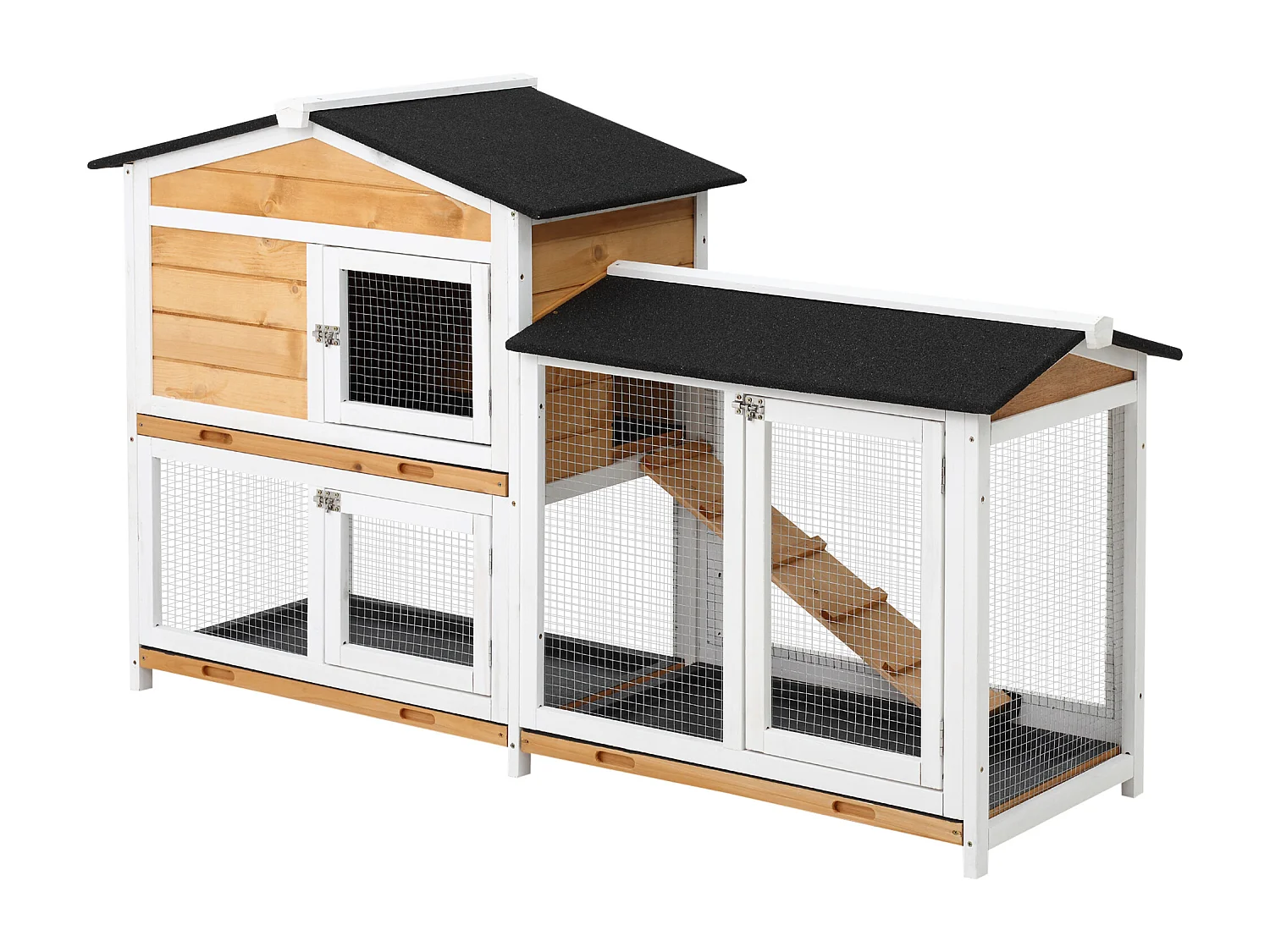 Gabbia per conigli da esterno con casetta, rampa e spazio aperto giallo