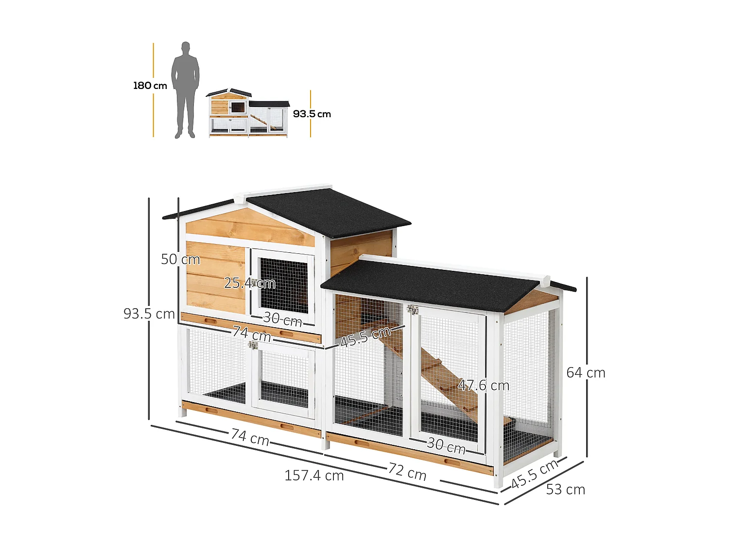 Gabbia per conigli da esterno con casetta, rampa e spazio aperto giallo