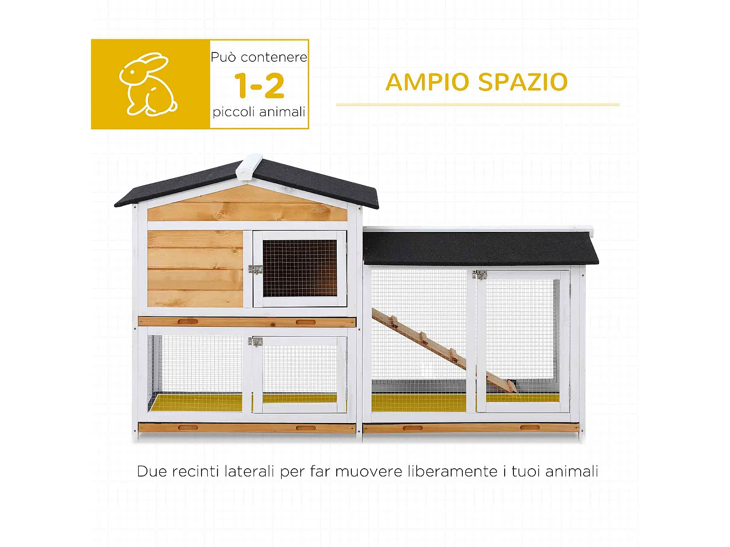 Gabbia per conigli da esterno con casetta, rampa e spazio aperto giallo